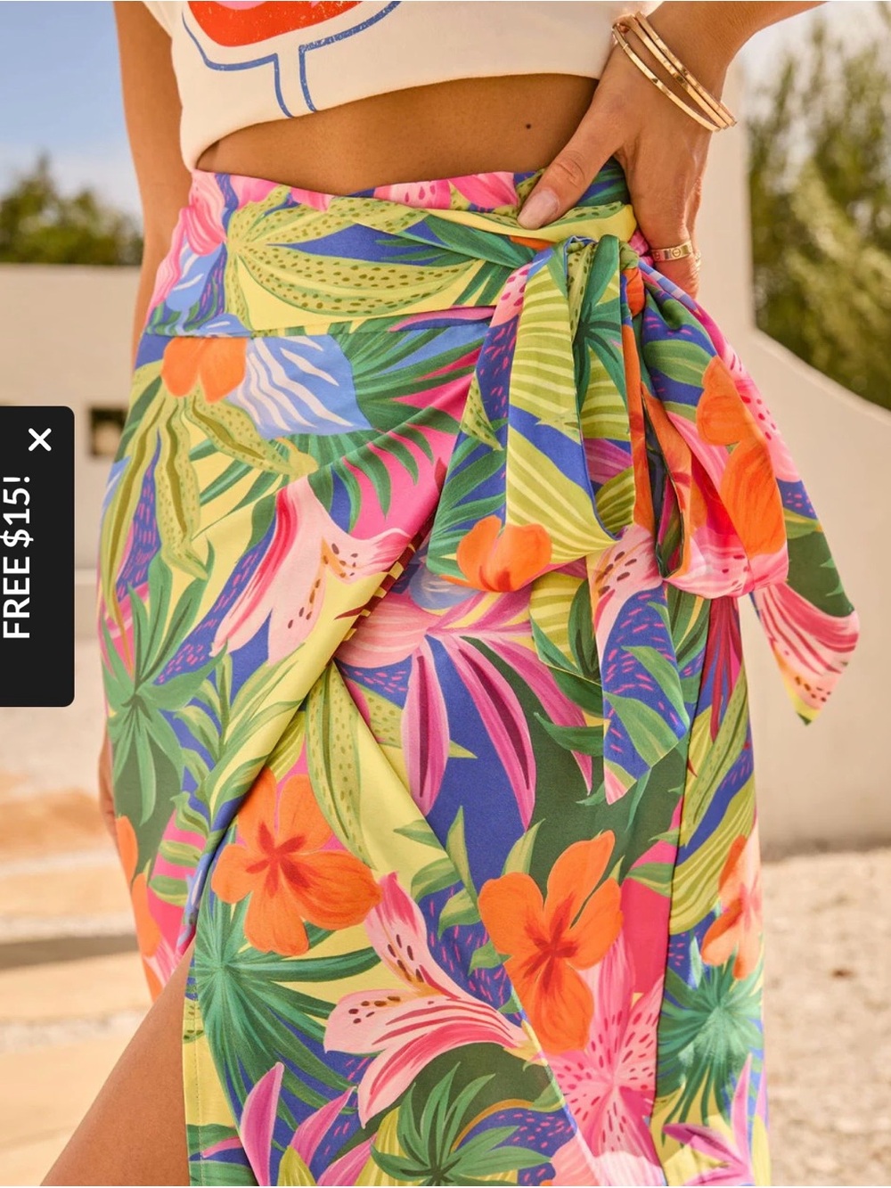 Vici Bright Tropical Wrap Midi Skirt in Pink, Orange, Green, Blue